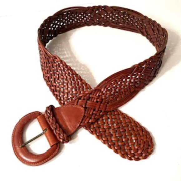 Express Women’s  Brown Woven Wide Leather Belt 93140 - M - Picture 2 of 5